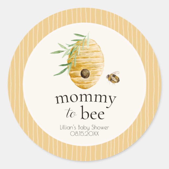 Pegatina Redonda Ducha de Bebé Abeja Amarilla a Rayas Mami Abeja  (Anverso)