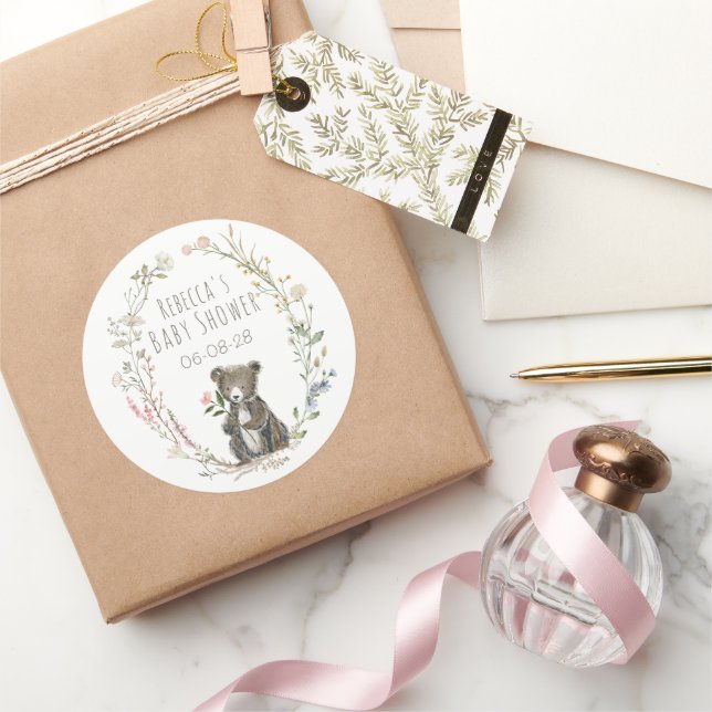 Pegatina Redonda Ducha de Bebé Acuarela Oso Bosque Rústico (Regalar)