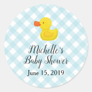 Pegatina Redonda Ducha de bebé Blue Gingham Rubber Duckie