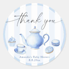Pegatina Redonda Ducha de Bebé Blue Tea Party Gracias