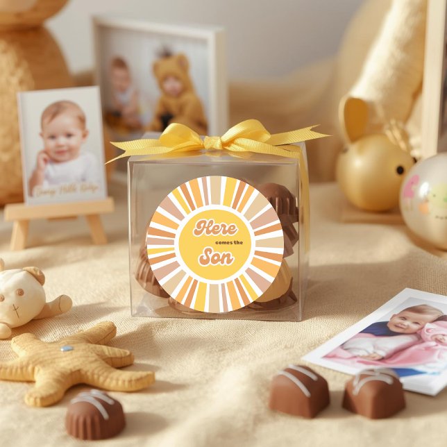 Pegatina Redonda Ducha de bebé Boho Retro Amarillo Sol Radiante (Subido por el creador)