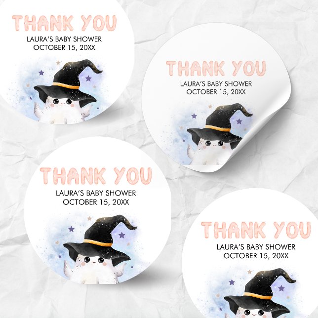 Pegatina Redonda Ducha de Bebé Bruja Fantasmita Morado (Little Boo Halloween Baby Shower Round Sticker)