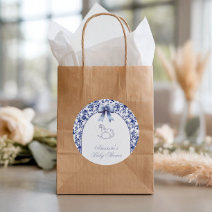 Pegatina Redonda Ducha de Bebé Caballo de Balanza con Toile Azul Vi