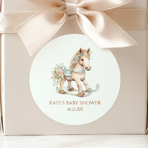 Pegatina Redonda Ducha de Bebé Caballo Mecedor Juguete Floral Vinta
