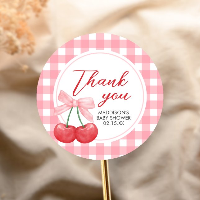Pegatina Redonda Ducha de bebé Cherry on Top (Gingham Cherry Baby Shower Sticker)