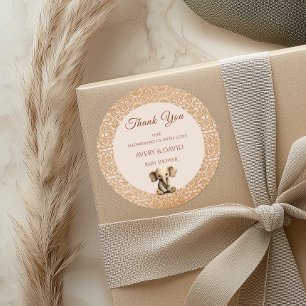 Pegatina Redonda Ducha de bebé clásica elefante beige dorado elegan