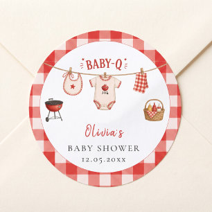 Pegatina Redonda Ducha de bebé con barbacoa de gingham rojo rústico