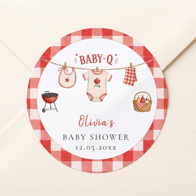 Pegatina Redonda Ducha de bebé con barbacoa de gingham rojo rústico (Bbq Baby Shower Rustic Red Gingham Classic Round Sticker)