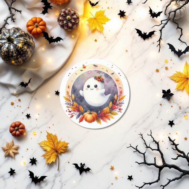 Pegatina Redonda Ducha de Bebé con Diseño de Fantasma y Calabaza de (Halloween Ghost & Pumpkin Design Baby Shower Classic Round Sticker)