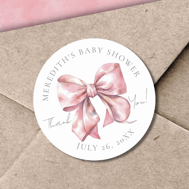 Pegatina Redonda Ducha de Bebé con Lazo Rosa (Pink Bow Baby Shower Thank You Classic Round Sticker)