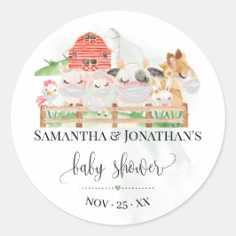 Pegatina Redonda Ducha de bebé de animales de granja Woodland