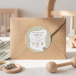 Pegatina Redonda Ducha de bebé de barbacoa personalizada con gingha