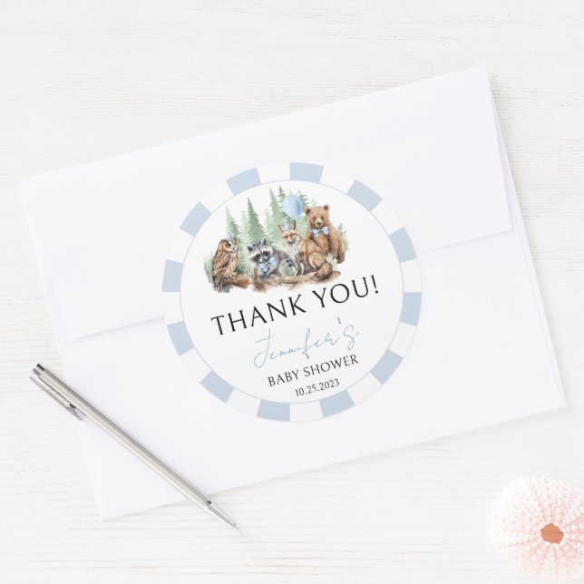 Pegatina Redonda Ducha de bebé de bosque azul claro (Sobre)