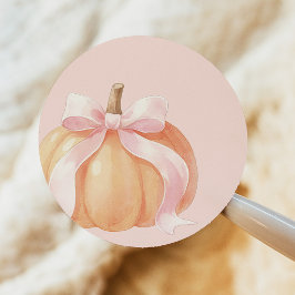 Pegatina Redonda Ducha de bebé de calabaza con lazo rosa