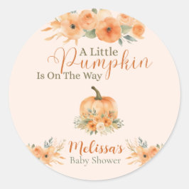 Pegatina Redonda Ducha de bebé de calabaza naranja floral elegante