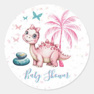 Pegatina Redonda Ducha de Bebé de Dinosaurio Rosa Adorable