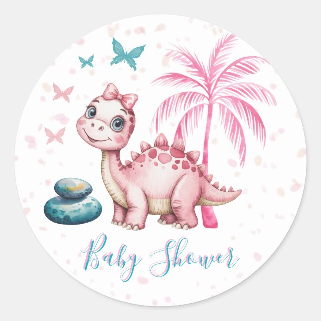 Pegatina Redonda Ducha de Bebé de Dinosaurio Rosa Adorable (Anverso)