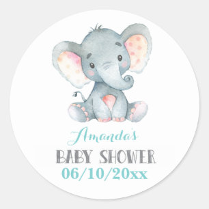 Pegatina Redonda Ducha de Bebé de Elefante Aqua y Gris