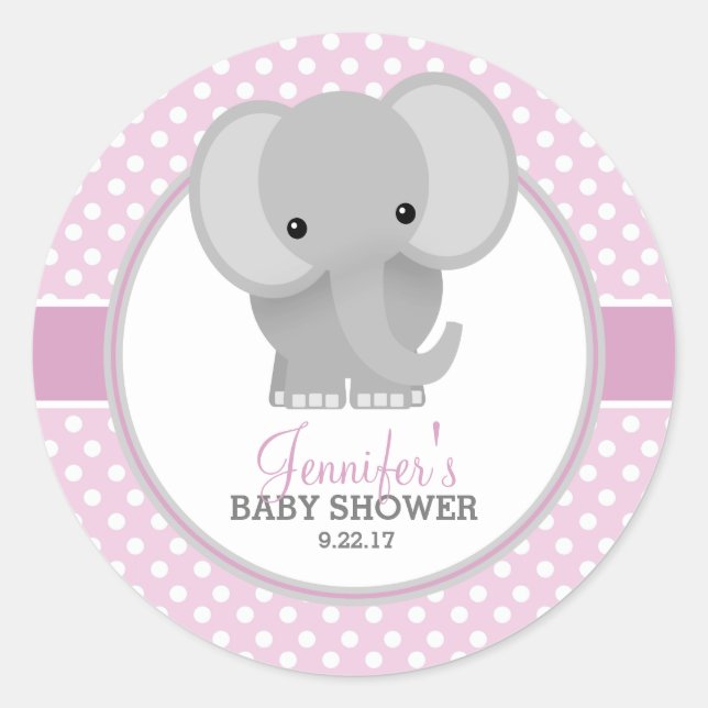 Pegatina Redonda Ducha de bebé de elefante bebé (rosa) (Anverso)