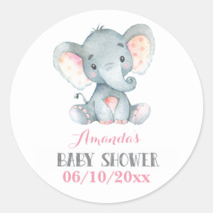 Pegatina Redonda Ducha de bebé de elefante niña Rosa y Gris