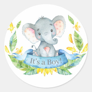 Pegatina Redonda Ducha de bebé de elefante niño azul