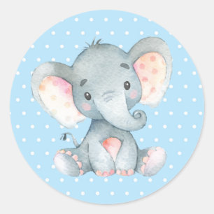 Pegatina Redonda Ducha de bebé de elefante niño azul
