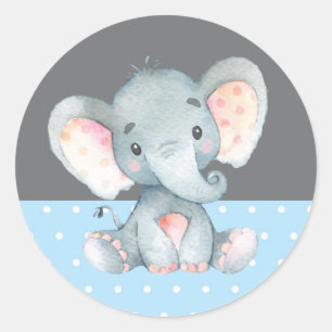 Pegatina Redonda Ducha de bebé de elefante niño azul y gris
