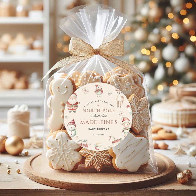 Pegatina Redonda Ducha de Bebé de Entrega del Expreso de Navidad de (North Pole Christmas Express Delivery Baby Shower Classic Round Sticker)