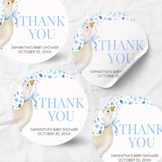 Pegatina Redonda Ducha de bebé de gansito tonto azul (Blue Little Silly Goose Baby Shower Round Sticker)