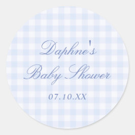 Pegatina Redonda Ducha de bebé de gingham azul
