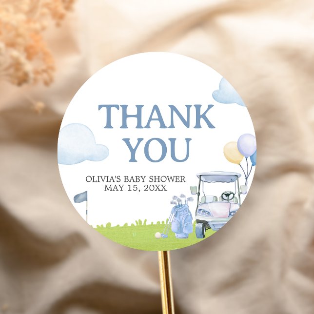 Pegatina Redonda Ducha de bebé de golf A Little Putter (Golf A Little Putter Baby Shower Sticker)