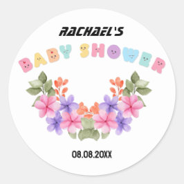 Pegatina Redonda Ducha de Bebé de Niña de Floral Rosa Suave