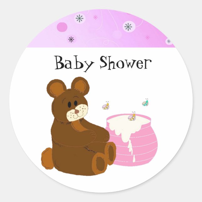 Pegatina Redonda Ducha de bebé de osito de peluche rosa (Anverso)