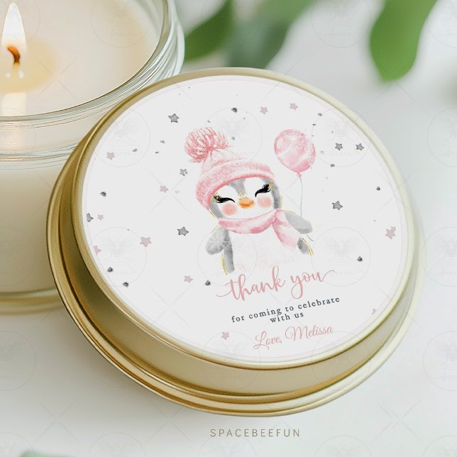Pegatina Redonda Ducha de bebé de pingüino de invierno (Penguin baby shower sticker, penguin theme baby shower stickers, personalized penguin baby shower st)