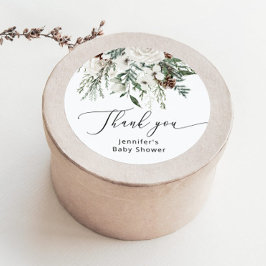 Pegatina Redonda Ducha de bebé de pino evergreen de invierno