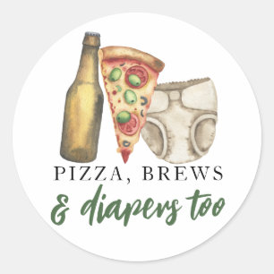 Pegatina Redonda Ducha de bebé de pizza, cervezas y pañales también