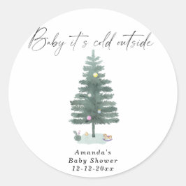 Pegatina Redonda Ducha de bebé del árbol de Navidad al acuarela