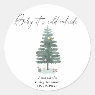 Pegatina Redonda Ducha de bebé del árbol de Navidad al acuarela