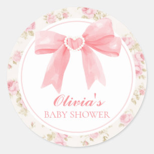 Pegatina Redonda Ducha de bebé delicada con lazo rosa y rosas