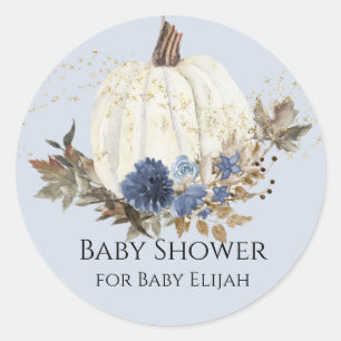 Pegatina Redonda Ducha de bebé Dusty Blue Navy Floral White Pumpkin
