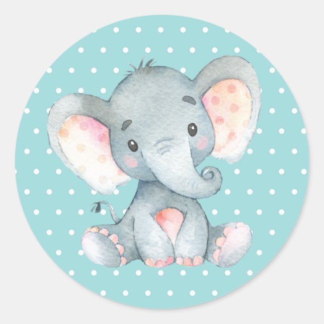 Pegatina Redonda Ducha de Bebé Elefante Aqua (Anverso)