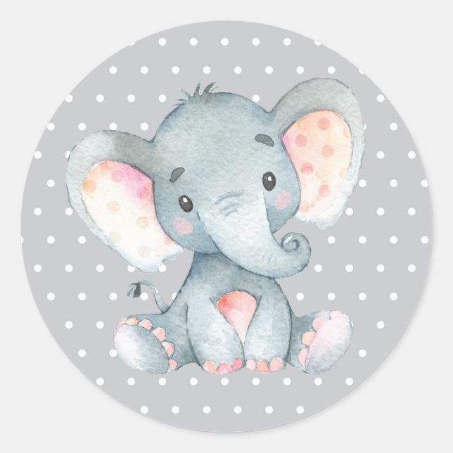 Pegatina Redonda Ducha de Bebé Elefante Gris (Anverso)