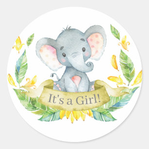 Pegatina Redonda Ducha de Bebé Elefante Niña Amarillo