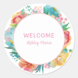 Pegatina Redonda Ducha de bebé floral acuarela rosa personalizable 