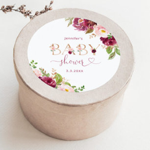 Pegatina Redonda Ducha de bebé floral dorada burgundy de otoño