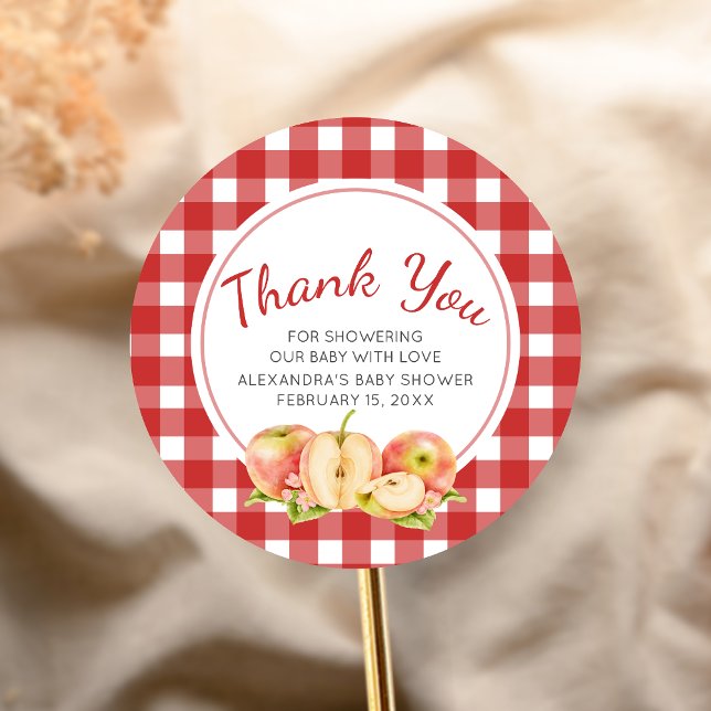 Pegatina Redonda Ducha de bebé Gingham Apple of Our Eye (Apple Baby Shower Sticker)