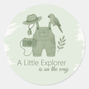 Pegatina Redonda Ducha de bebé Little Explorer Is On The Way