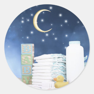 Pegatina Redonda Ducha de Bebé Luna Azul y Estrellas