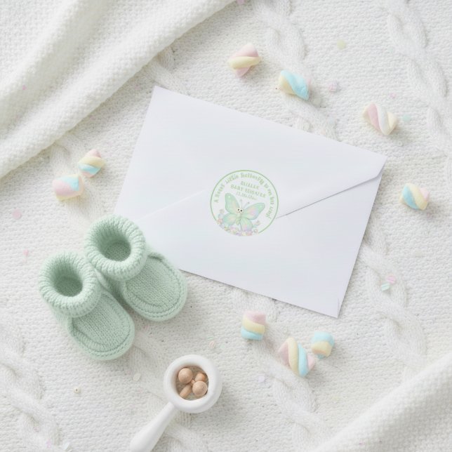 Pegatina Redonda Ducha de Bebé Mariposa Malvavisco Verde Menta (Mint Green Marshmallow Butterfly Baby Shower Classic Round Sticker)