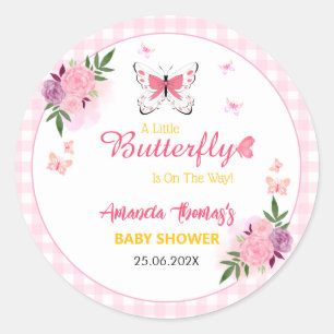 Pegatina Redonda Ducha de Bebé Mariposa Rosa Está En Camino 